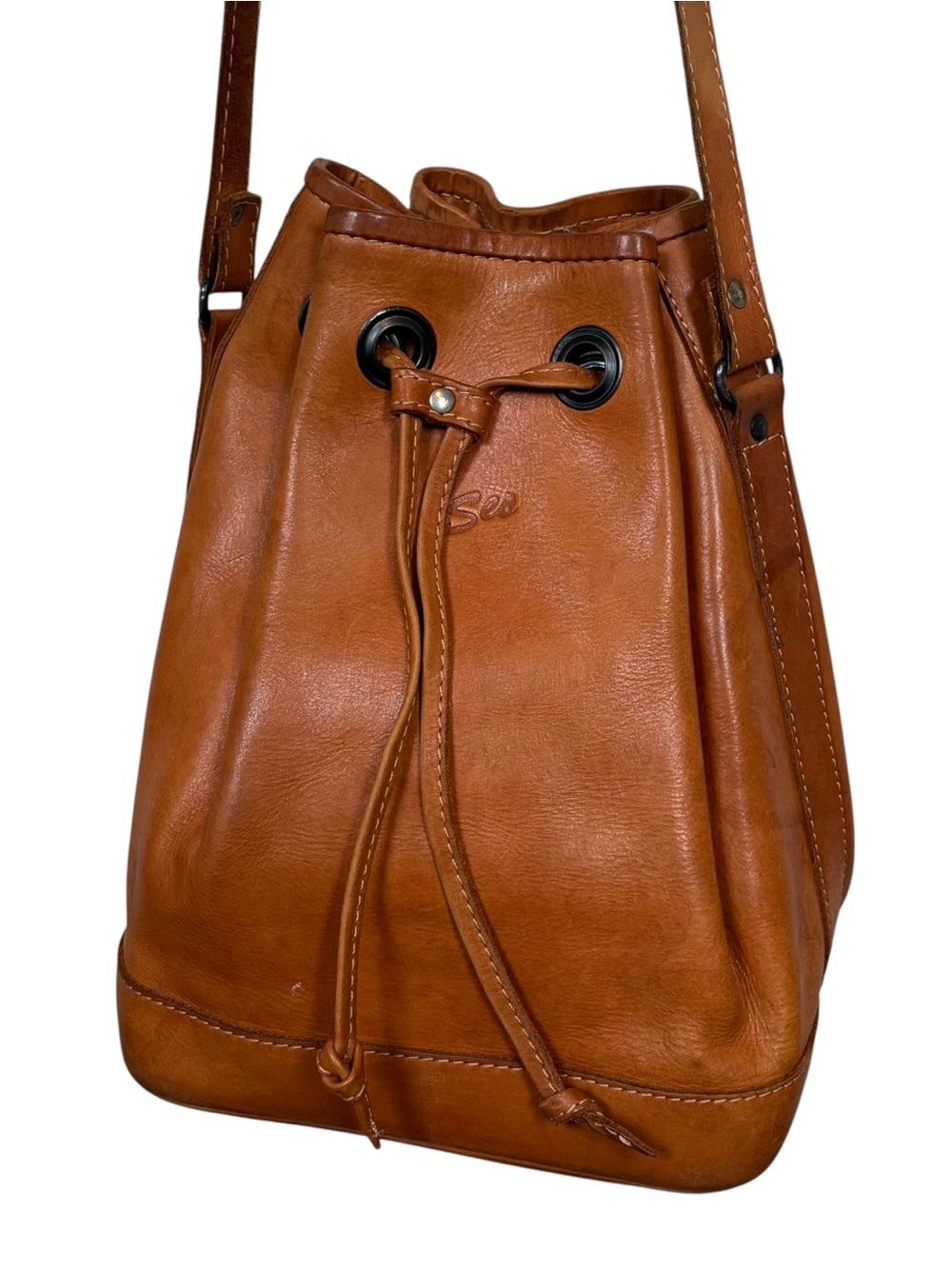 Vintage Whiskey Tan Large Leather Drawstring Bucket Bag